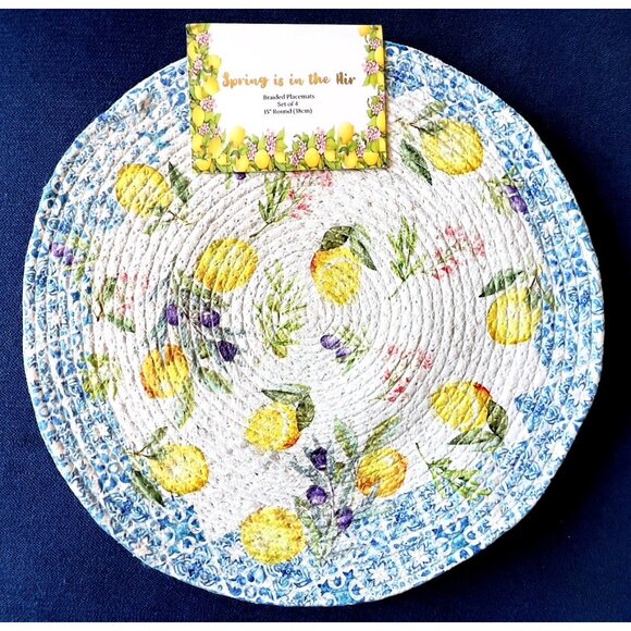 4 pc LEMONS Braided Placemat Set 15” Rnd Blue Edge Yellow Plum Flowers Easy Care - Picture 1 of 6